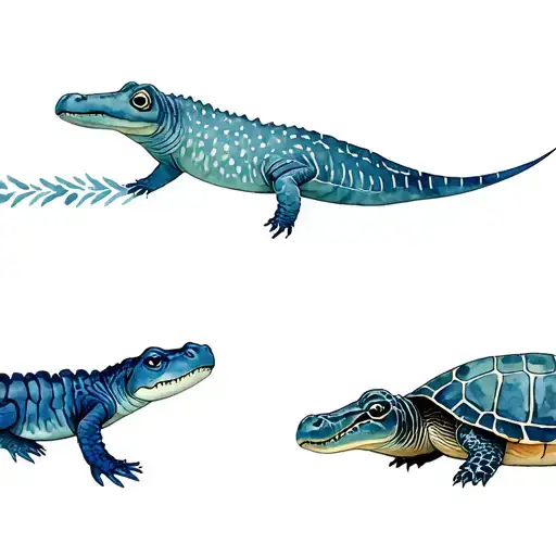 three animals axolotl, turtle and alligator water waves tattoo design idea