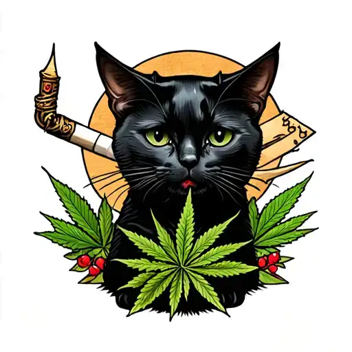 Black cat with marijuana joint and death tattoo design idea