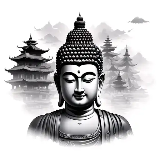 Budda portrait facing west on fore arm sleeve oriental with temple on the background the some oriental details tattoo design idea