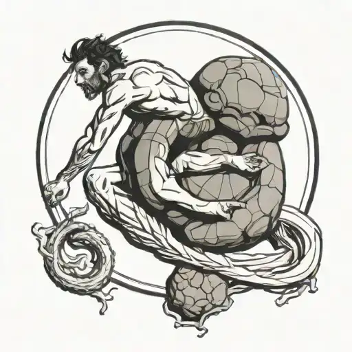 Atlas holding an ouroboros with Sisyphus inside pushing the boulder. tattoo design idea