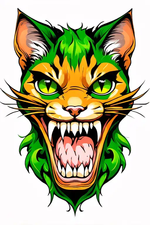 green and gold. crazy wild happy human face. wide but thing mouth with sharp teeth. like seshire cat. tattoo design idea