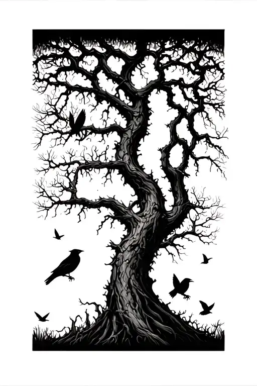 Silhouetted Forest: Twisted, leafless trees stretching upward, with ravens perched on branches and a few in flight. tattoo design idea