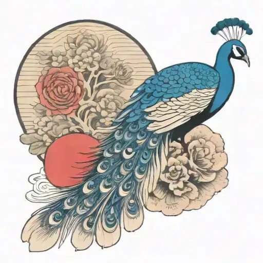 big red sun and a peacock flying Im background  tattoo design idea