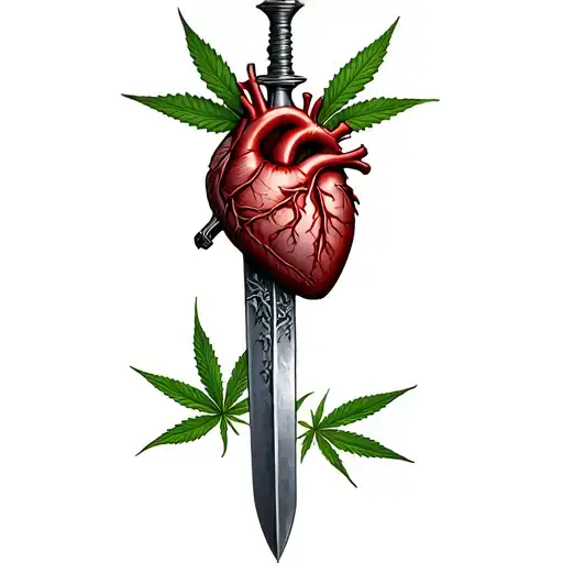 a heart pierced with a dagger, marijuana leaves in the background tattoo design idea