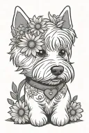 cartoon westie with a daisy and a heart surrounded tattoo design idea