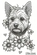 cartoon westie with a daisy and a heart surrounded tattoo design idea