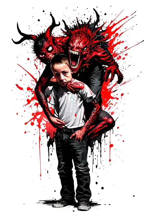 a boy standing with a scary demon grabbing him from behind tattoo design idea