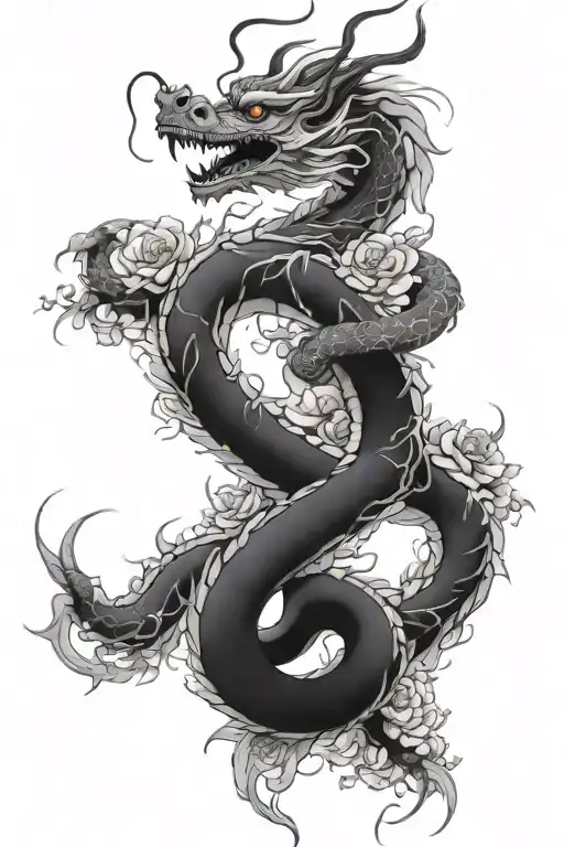 feminine long Chinese dragon wrapped in flowers and chains tattoo design idea