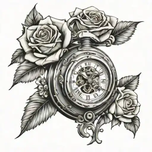 turbo moto, clock face, roses blooming tattoo design idea