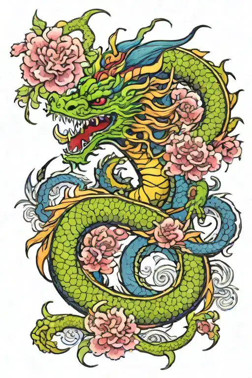 rainbow japanese dragon with chinese dragon horns and 4 toes wrapped round surround by hycanith and carnations tattoo design idea