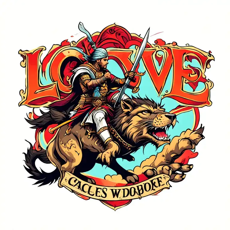 A warrior riding a fierce animal into battle with the word 'love' incorporated tattoo design idea