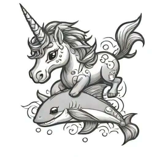 Cute Unicorn and baby shark tattoo design idea