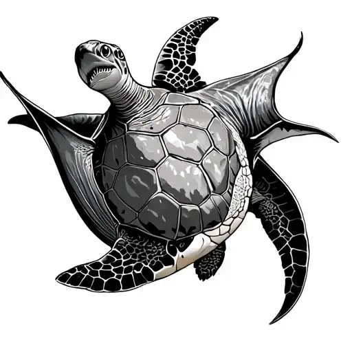 sea turtle inside of a manta ray and the shark as a tail  tattoo design idea