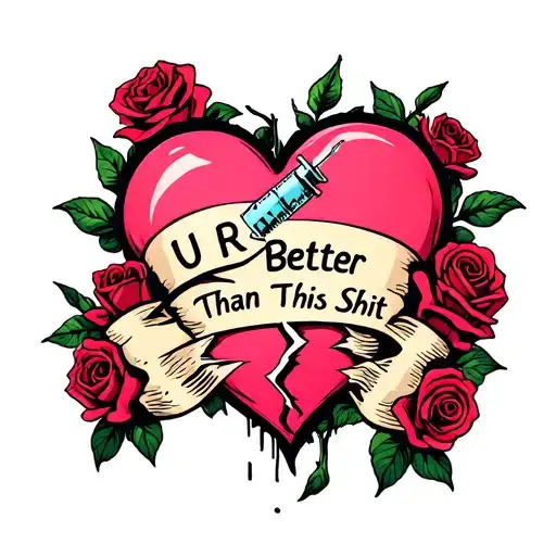 roses around a pink broken heart sewn together with a syringe with a tattered banner that says U R Better Than This Shit tattoo design idea