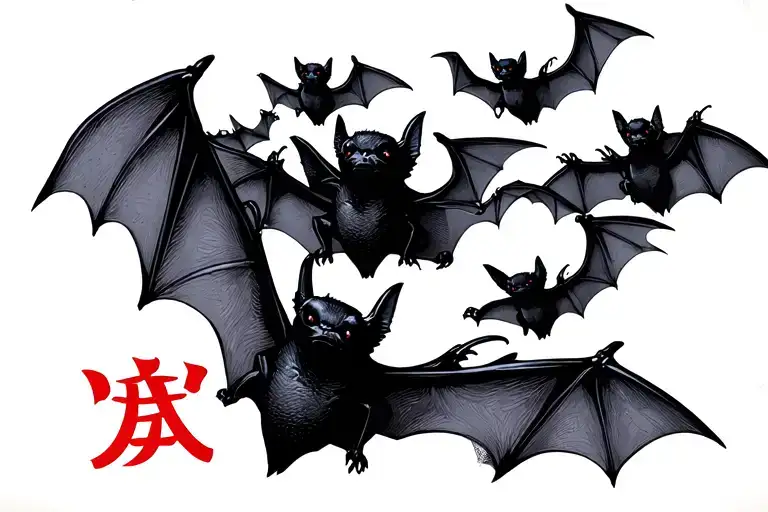 multiple little bats flying. chest and shoulder. "愛" written somewhere. the bats are black but the written word is red tattoo design idea