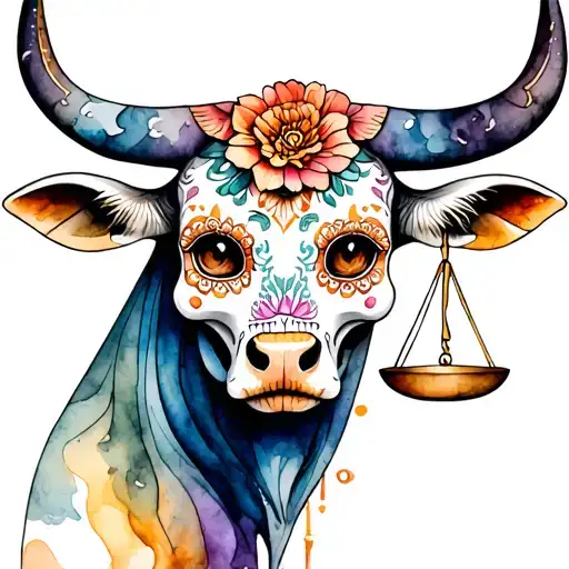 feminine bull with sugar skull markings, brown eyes and two Libra scales and dark background tattoo design idea