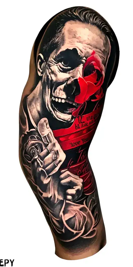 Deceased dad memorial full sleeve tattoo for arm , red is his favorite color . favorite saying was "123 I love you guys  tattoo design idea