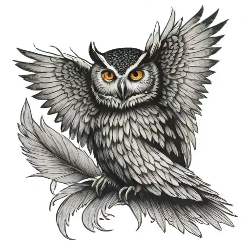 owl, wings spread wide with cat face under breast tattoo design idea
