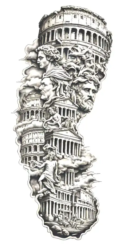 greek gods with colosseum and lightning background tattoo design idea