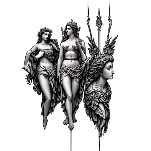 “Black and grey tattoo-style design featuring the three Greek Fates (Moirai): Clotho, Lachesis, and Atropos, each with a tattoo design idea