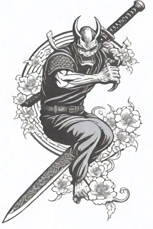 Japanese style , Japanese blossoms , flowers and petals , kunai ninja knife, smoke , spiral , Japanese Oni demon clouds tattoo design idea