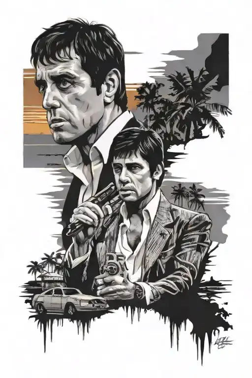 Scarface movie thee, Scarface sunset scene, the world is yours, money, Tony Montana, San Judas  tattoo design idea