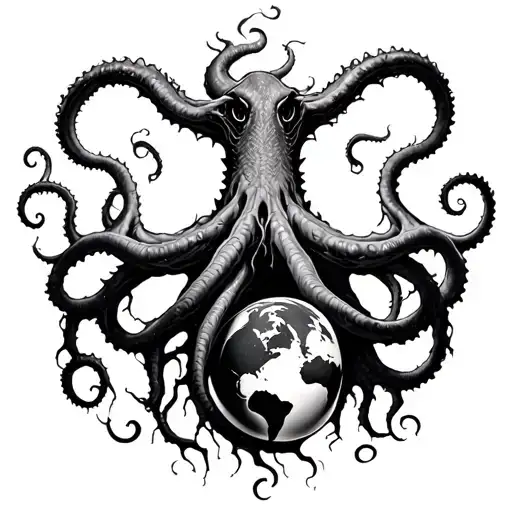  tree roots reaching towards the earth and transforming into a kraken tattoo design idea