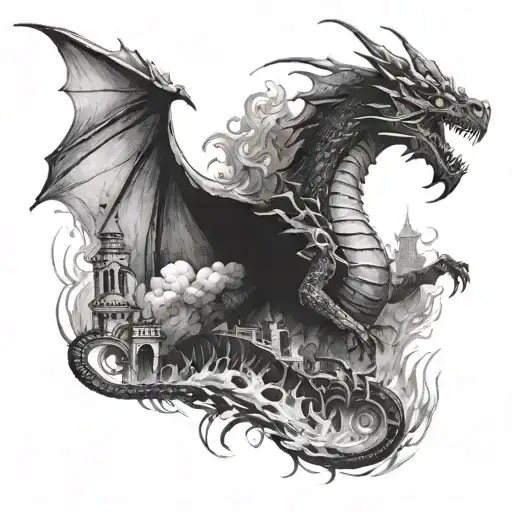 a dragon coming out of a burning city tattoo design idea