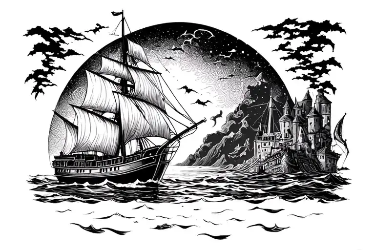 the Sorceress sail boat in front tattoo design idea