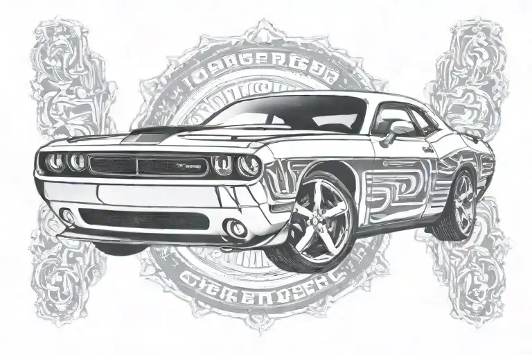 dodge challenger front view though camera lens tattoo design idea