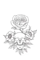 skull and roses stippled shading with other flowers for outside upper arm feminine fine line  tattoo design idea