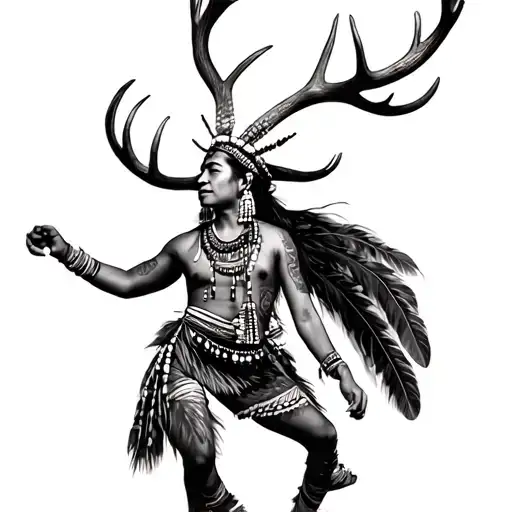 A Yaqui dancer with deer antlers decorated in feathers or beads.The dancer wearing the deer headdress mid-movement. tattoo design idea