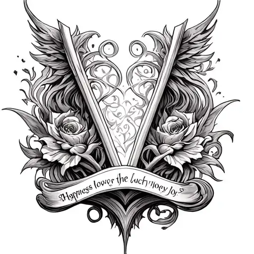 Happiness, love, joy, luck, prosperity, money, peace, beauty Elven writing tattoo on along the column V tattoo design idea