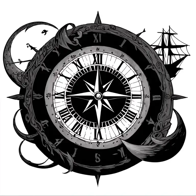pirate Ship ontop of Semi moon Compass to point north and south Cog to point east and west Clock to look like tattoo design idea