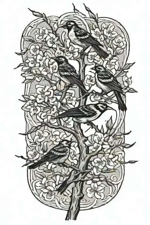 sideways skinny spooky scary cherry branch with minimal blossoms and four small solid black birds sitting on branch  tattoo design idea