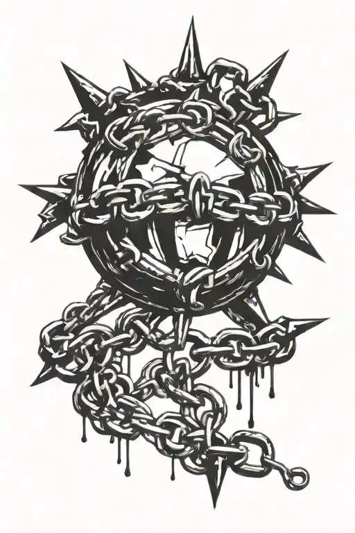 grunge style spiked ball with chain going doing to wrist tattoo design idea