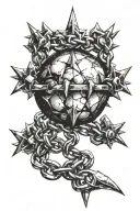 grunge style spiked ball with chain going doing to wrist tattoo design idea