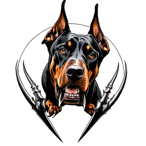 Angry Doberman bearing teeth claws tattoo design idea