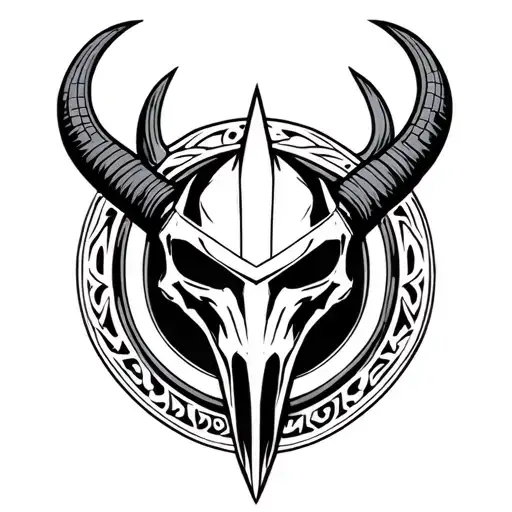 Mythosaur skull, circular frame, tribal-style Mandalorian patterns, Mudhorn signet, Mandalorian crest,stylized T-visor tattoo design idea