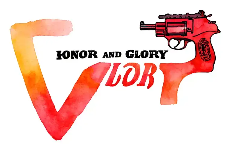 car, gun, v8 engine, honor and glory text tattoo design idea