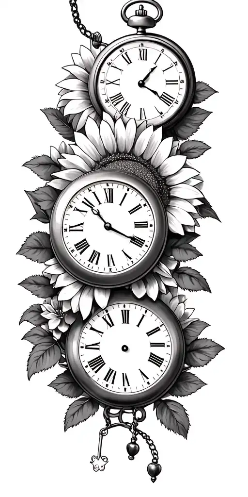 4 Roman numeral pocket watches surrounded by roses and sunflowers  tattoo design idea