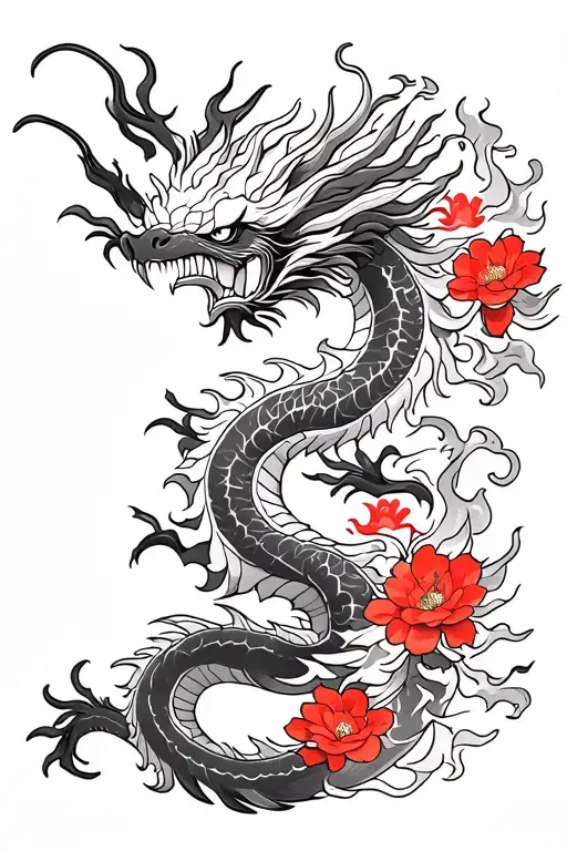black japanese dragon with red flowers and flames. thin lines tattoo design idea