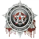 Silver and Black Scrying mirror. Satanic, Pentagram, Satanism, Bloody, Dripping in blood. Ruby Gem, Gothic. Dark Red tattoo design idea