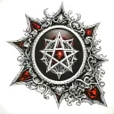 Silver and Black Scrying mirror. Satanic, Pentagram, Satanism, Bloody, Dripping in blood. Ruby Gem, Gothic. Dark Red tattoo design idea