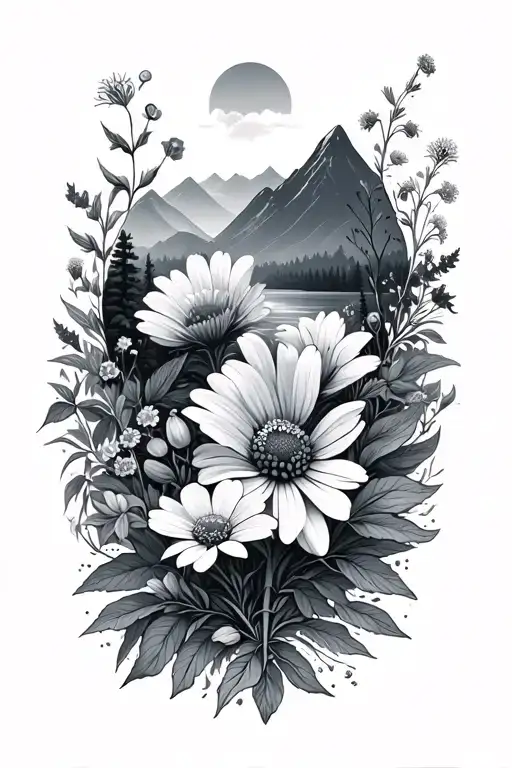 mountain scenery wildflower personal growth intertwined tattoo design idea
