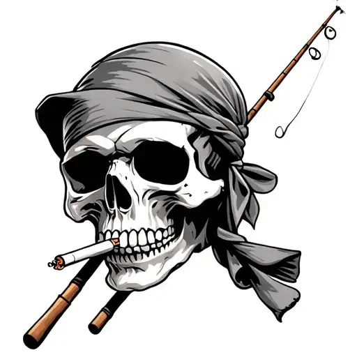 skull smoking a cigarette wearing a bandana holding a fishing pole tattoo design idea