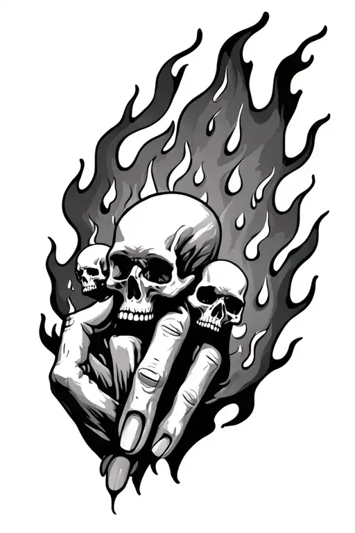 flames over the hand, and skulls over fingers tattoo design idea
