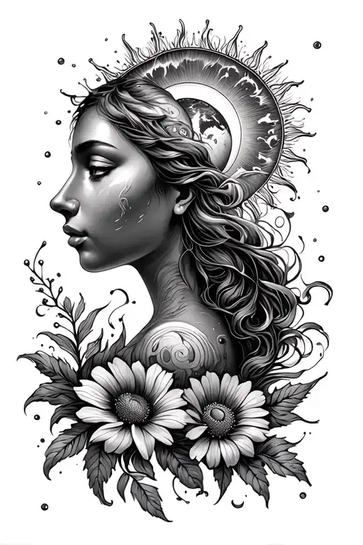 Mother Earth with sun and flowers tattoo design idea