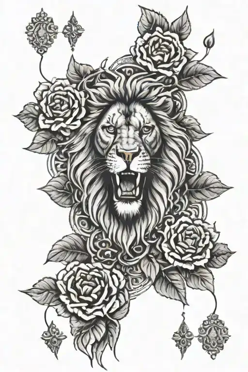 lion with GERANIUMS and ruby eyes looking tattoo design idea