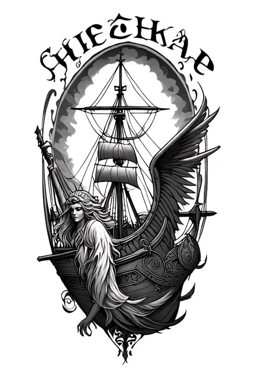 "ᛗᛟᛏᚺᛖᚱ" norse mythology inspired tattoo featuring Longship and a Valkyrie  tattoo design idea